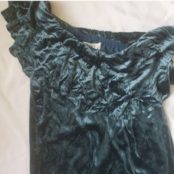 WAYF Dress SZ S Teal Green Velvet Ruffle Cocktail One‎ Shoulder Soft Short Fairy - Picture 6 of 9